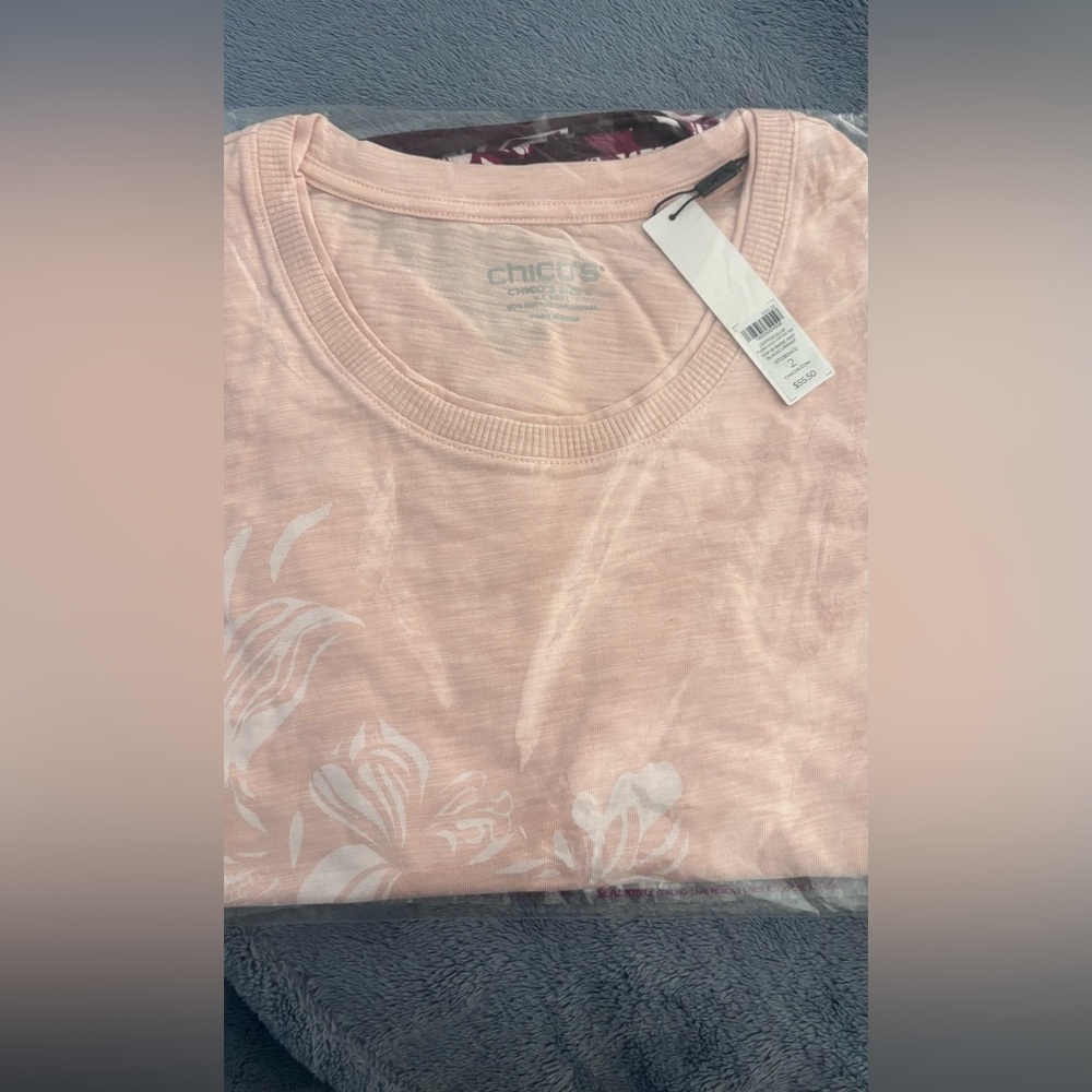 C Chico's Floral Pink Short Sleeve Sub Tee with Crew Neck size Large/12 - Picture 9 of 11
